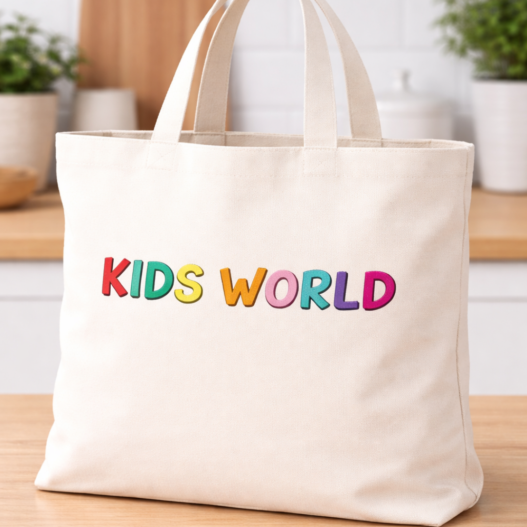 Kids World Canvas Tote Bag – White Cartoon Print