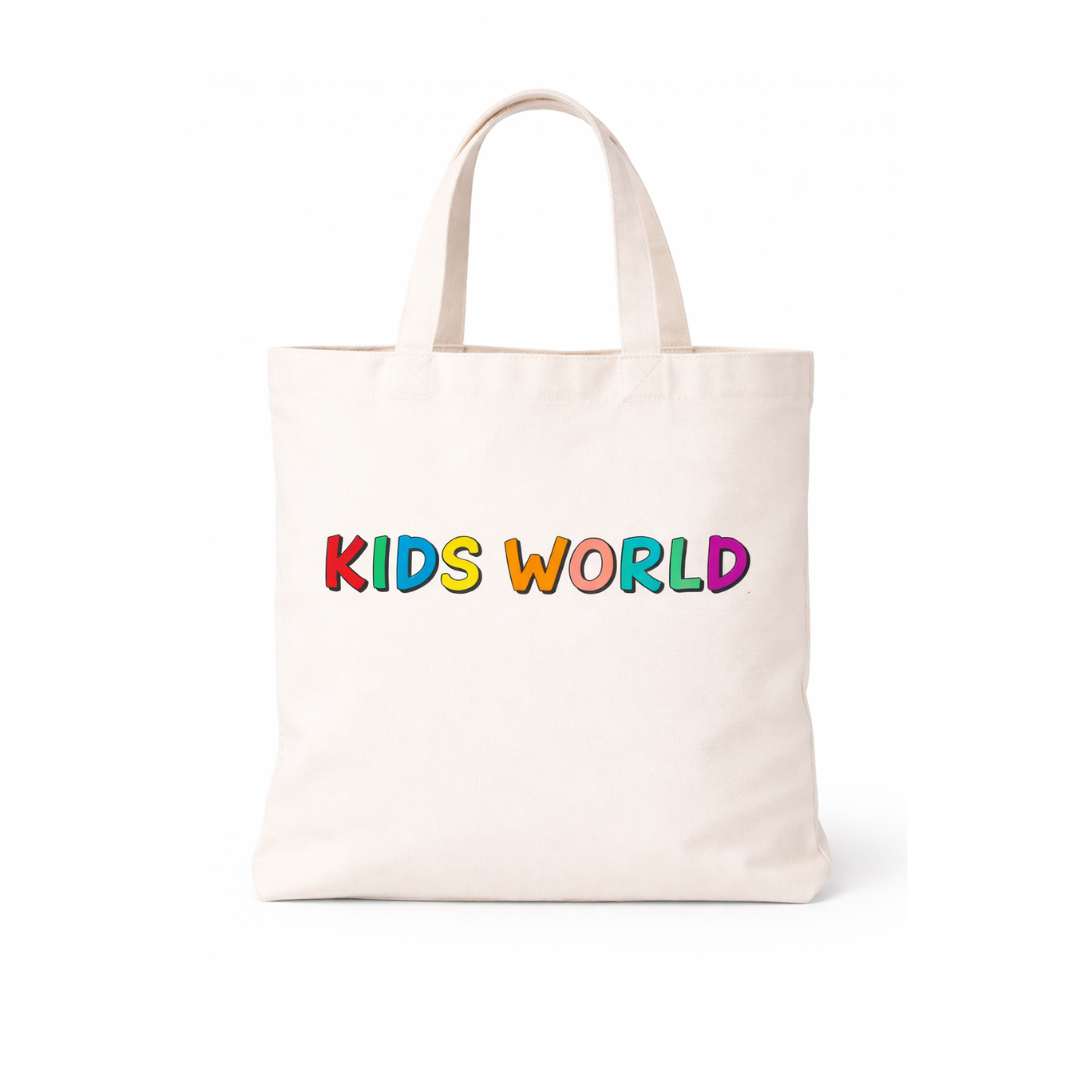 Kids World Canvas Tote Bag – White Cartoon Print
